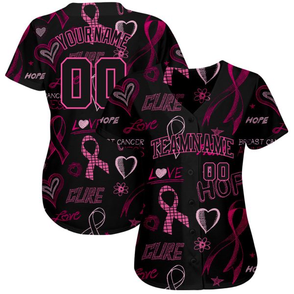 Custom 3D Pink Ribbon Breast Cancer Awareness Month Women Health Care Support Authentic Baseball Jersey - Image 2