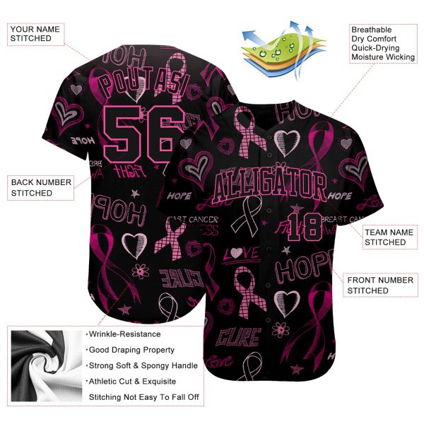 Custom 3D Pink Ribbon Breast Cancer Awareness Month Women Health Care Support Authentic Baseball Jersey - Image 3