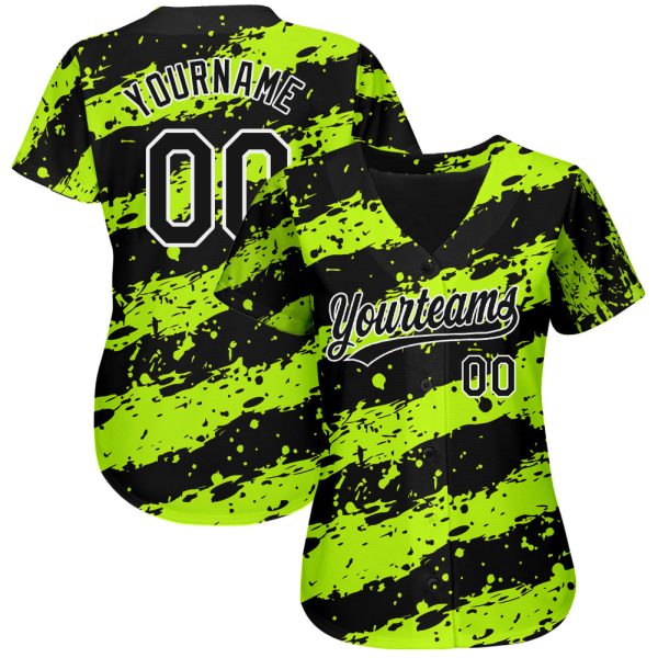 Custom Neon Green Black-White 3D Pattern Design Authentic Baseball Jersey - Image 2