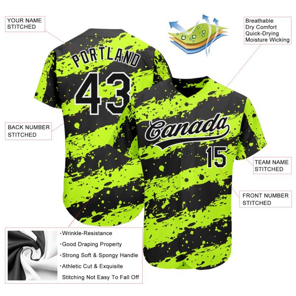 Custom Neon Green Black-White 3D Pattern Design Authentic Baseball Jersey - Image 3