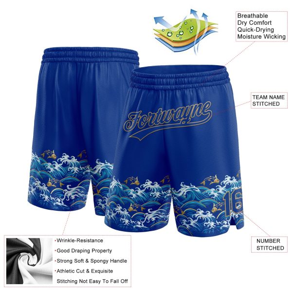 Custom Royal Old Gold 3D Pattern Fish In The Sea Authentic Basketball Shorts - Image 2