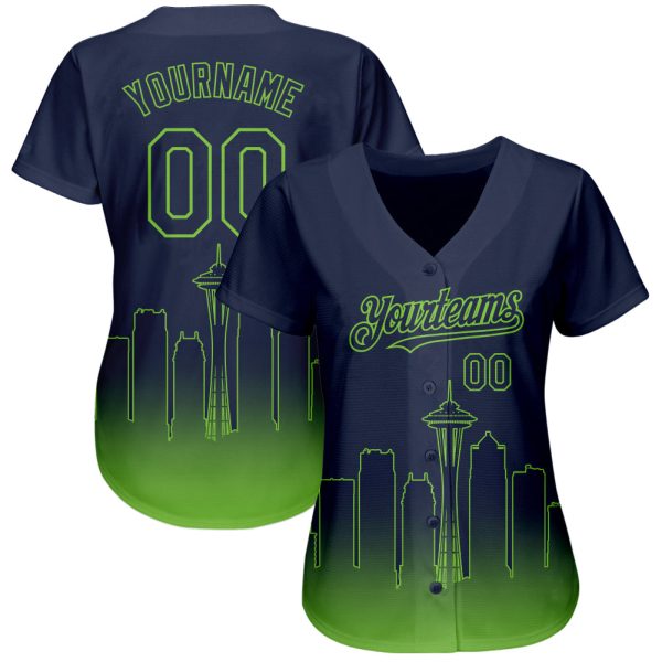 Custom Navy Neon Green 3D Seattle City Edition Fade Fashion Authentic Baseball Jersey - Image 2