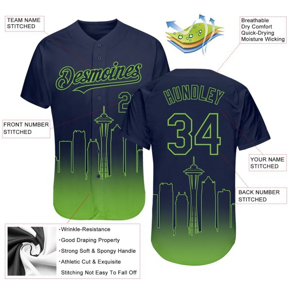 Custom Navy Neon Green 3D Seattle City Edition Fade Fashion Authentic Baseball Jersey - Image 3