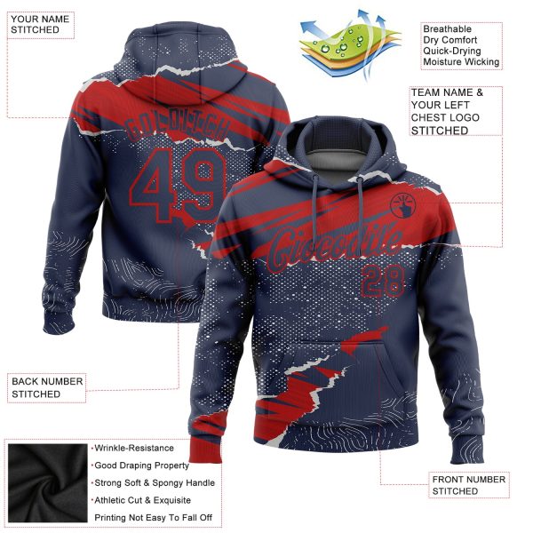 Custom Stitched Navy Red 3D Pattern Design Torn Paper Style Sports Pullover Sweatshirt Hoodie - Image 2