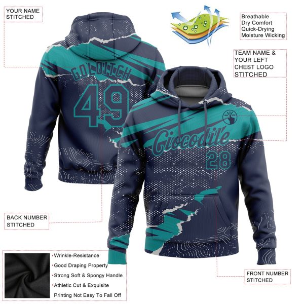 Custom Stitched Navy Teal 3D Pattern Design Torn Paper Style Sports Pullover Sweatshirt Hoodie - Image 2