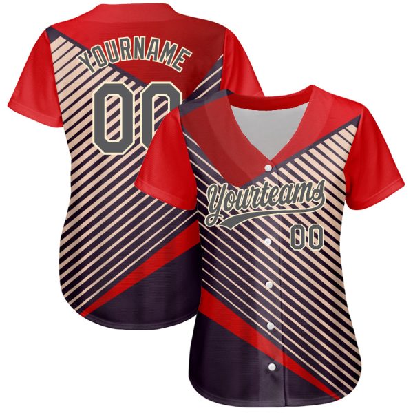 Custom Red Steel Gray=Cream 3D Pattern Design Abstract Sport Authentic Baseball Jersey - Image 2