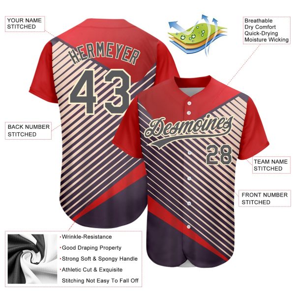 Custom Red Steel Gray=Cream 3D Pattern Design Abstract Sport Authentic Baseball Jersey - Image 3