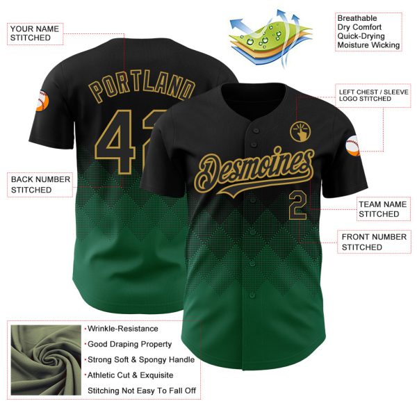 Custom Black Kelly Green-Old Gold 3D Pattern Design Gradient Square Shapes Authentic Baseball Jersey - Image 3