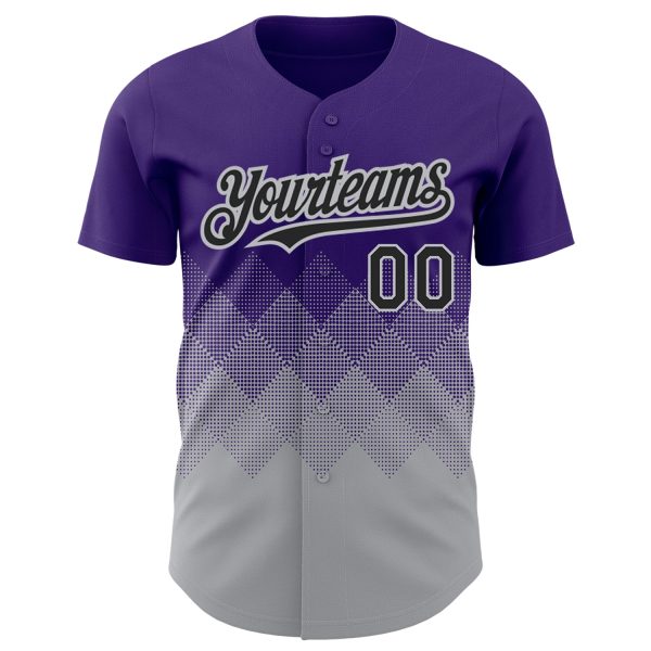 Custom Purple Black-Gray 3D Pattern Design Gradient Square Shapes Authentic Baseball Jersey - Image 2