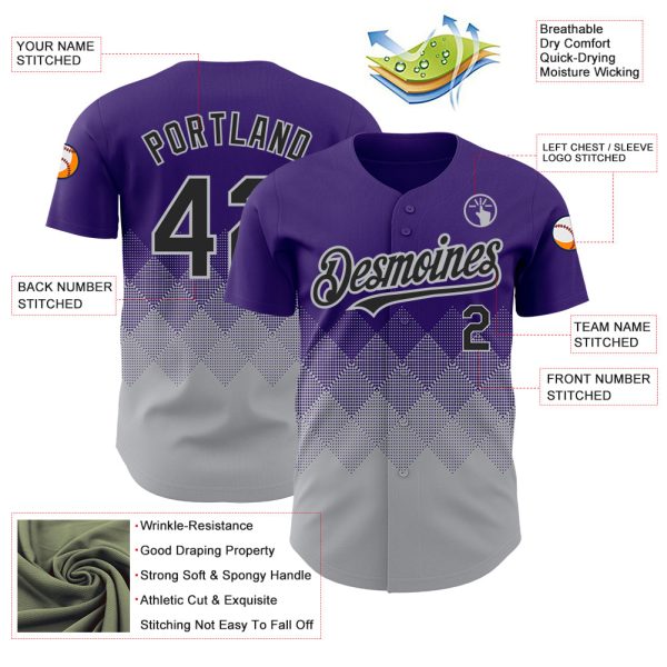 Custom Purple Black-Gray 3D Pattern Design Gradient Square Shapes Authentic Baseball Jersey - Image 3