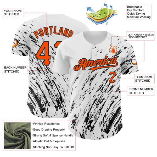 Custom White Orange-Black 3D Pattern Design Abstract Splash Authentic Baseball Jersey - Image 3