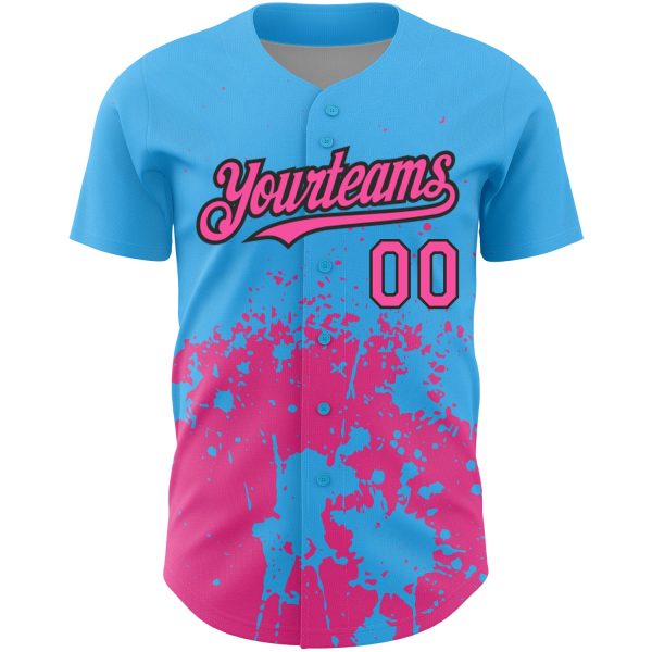 Custom Sky Blue Pink-Black 3D Pattern Design Abstract Splash Grunge Art Authentic Baseball Jersey - Image 2