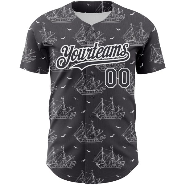 Custom Steel Gray White 3D Pattern Design Ship Frigate With Seagulls Authentic Baseball Jersey - Image 2