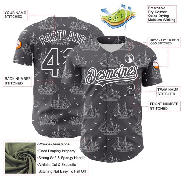 Custom Steel Gray White 3D Pattern Design Ship Frigate With Seagulls Authentic Baseball Jersey - Image 3