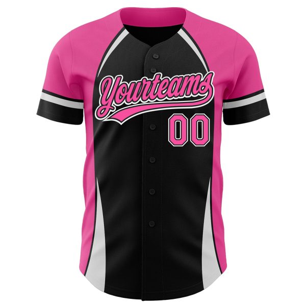 Custom Black Pink-White 3D Pattern Design Curve Solid Authentic Baseball Jersey - Image 2