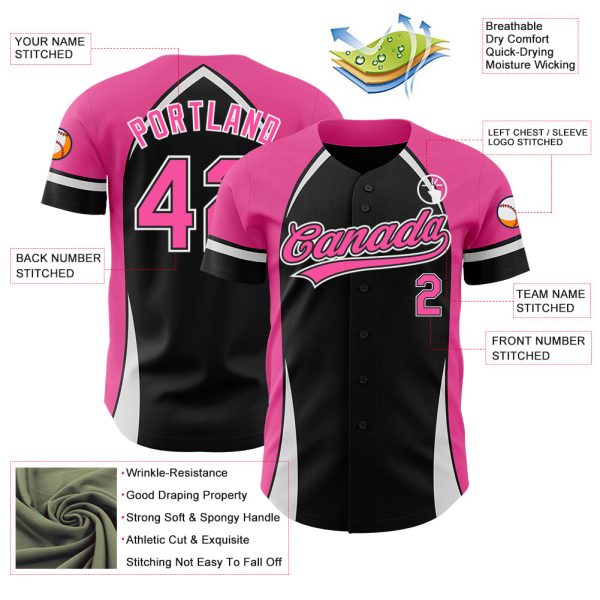 Custom Black Pink-White 3D Pattern Design Curve Solid Authentic Baseball Jersey - Image 3