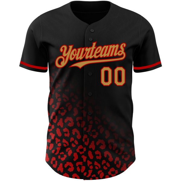 Custom Black Old Gold-Red 3D Pattern Design Leopard Print Fade Fashion Authentic Baseball Jersey - Image 2