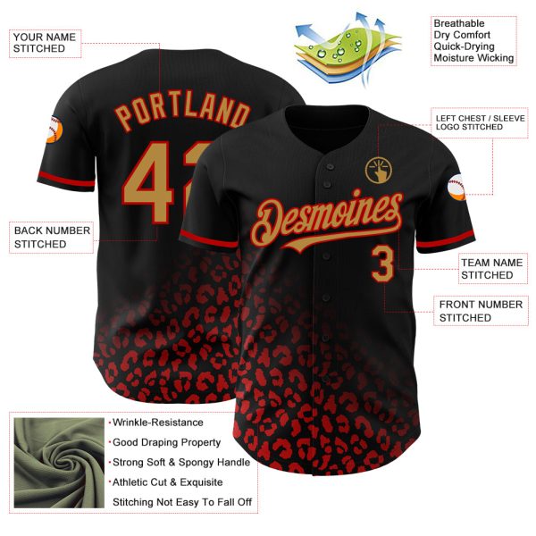 Custom Black Old Gold-Red 3D Pattern Design Leopard Print Fade Fashion Authentic Baseball Jersey - Image 3