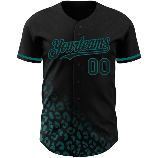 Custom Black Teal 3D Pattern Design Leopard Print Fade Fashion Authentic Baseball Jersey - Image 2