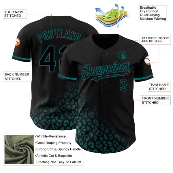 Custom Black Teal 3D Pattern Design Leopard Print Fade Fashion Authentic Baseball Jersey - Image 3