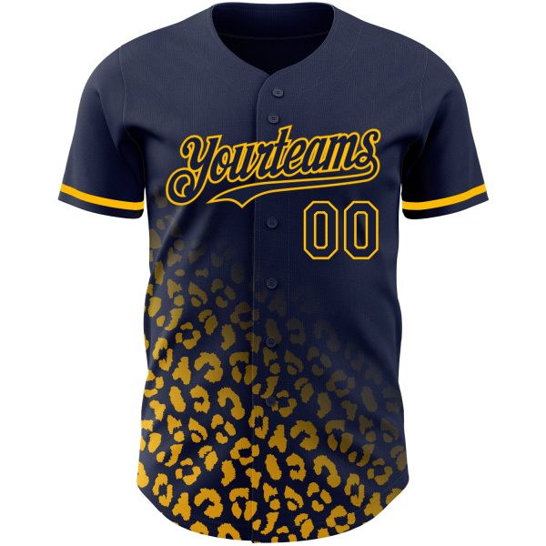 Custom Navy Gold 3D Pattern Design Leopard Print Fade Fashion Authentic Baseball Jersey - Image 2