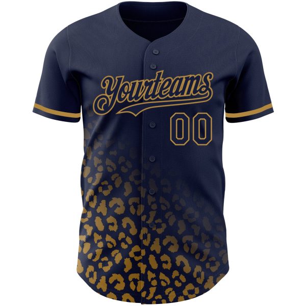 Custom Navy Old Gold 3D Pattern Design Leopard Print Fade Fashion Authentic Baseball Jersey - Image 2