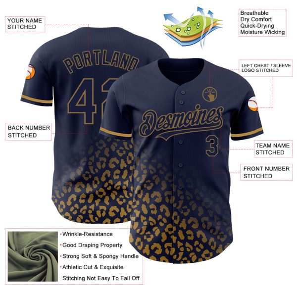 Custom Navy Old Gold 3D Pattern Design Leopard Print Fade Fashion Authentic Baseball Jersey - Image 3