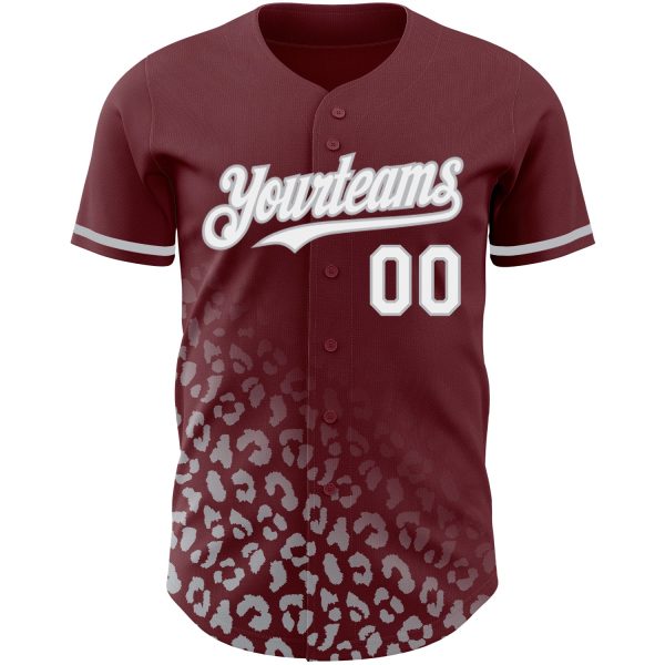 Custom Burgundy White-Gray 3D Pattern Design Leopard Print Fade Fashion Authentic Baseball Jersey - Image 2