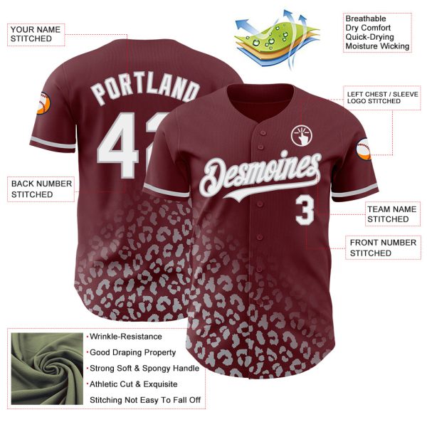 Custom Burgundy White-Gray 3D Pattern Design Leopard Print Fade Fashion Authentic Baseball Jersey - Image 3