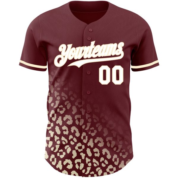 Custom Burgundy White-Cream 3D Pattern Design Leopard Print Fade Fashion Authentic Baseball Jersey - Image 2