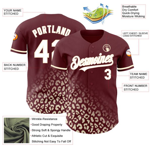 Custom Burgundy White-Cream 3D Pattern Design Leopard Print Fade Fashion Authentic Baseball Jersey - Image 3