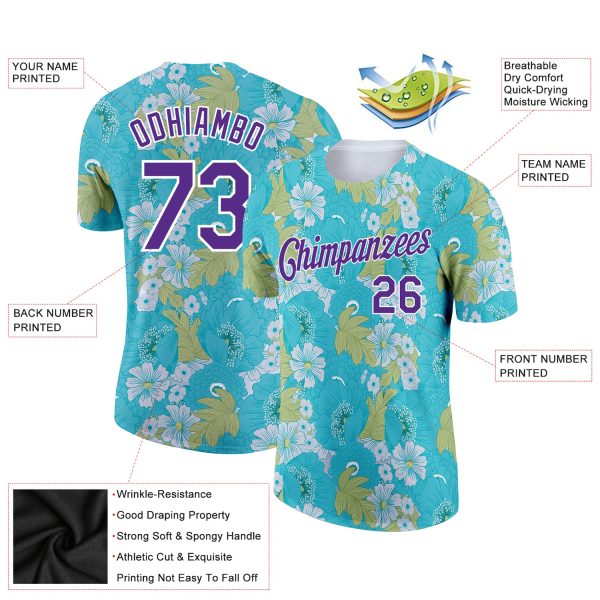 Custom Teal Purple-White 3D Pattern Design Flowers Performance T-Shirt - Image 2