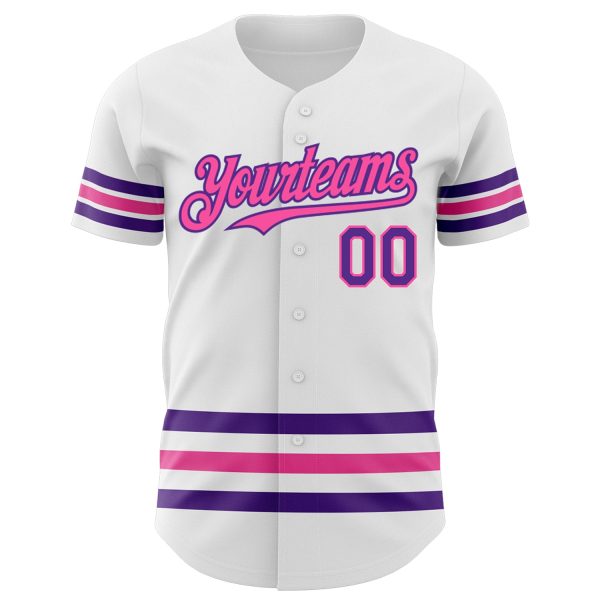 Custom White Purple-Pink Line Authentic Baseball Jersey - Image 2