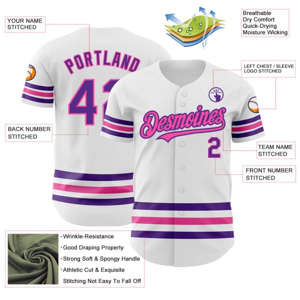 Custom White Purple-Pink Line Authentic Baseball Jersey - Image 3