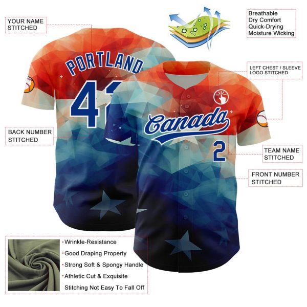 Custom Red Royal-White 3D American Flag Patriotic Authentic Baseball Jersey - Image 3