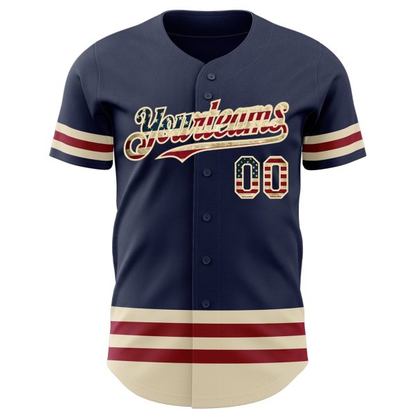 Custom Navy Vintage USA Flag Cream-Maroon Line Authentic Baseball Jersey - Image 2