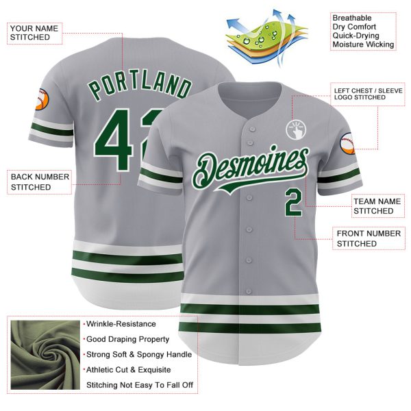 Custom Gray Green-White Line Authentic Baseball Jersey - Image 3