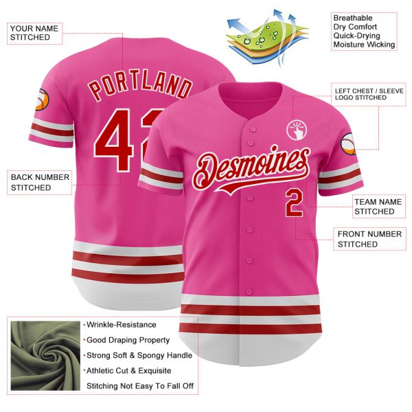 Custom Pink Red-White Line Authentic Baseball Jersey - Image 3