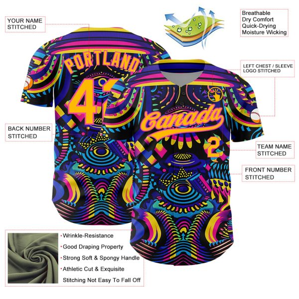 Custom Black Gold-Pink 3D Pattern Design Abstract Painting Authentic Baseball Jersey - Image 3