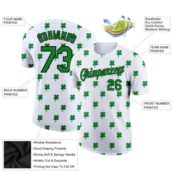 Custom White Kelly Green-Black 3D St.Patrick's Day Clovers Performance T-Shirt - Image 2