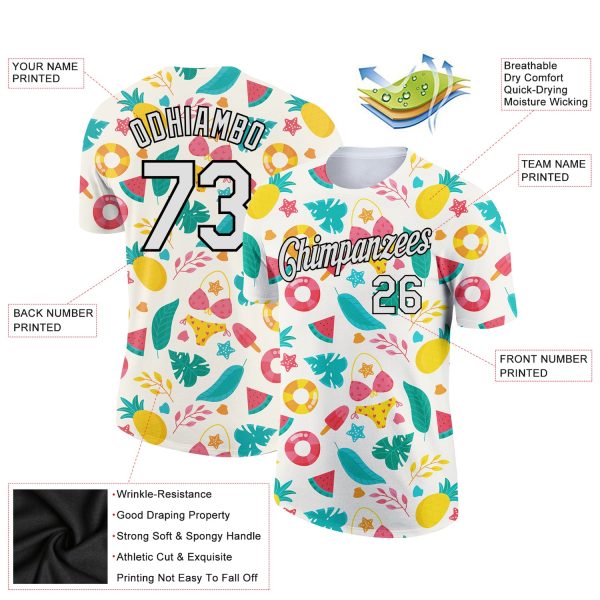 Custom White Black 3D Pattern Design Summer Holiday Flower And Fruit Performance T-Shirt - Image 2