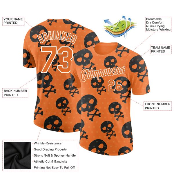 Custom Orange White 3D Skull Fashion Performance T-Shirt - Image 2