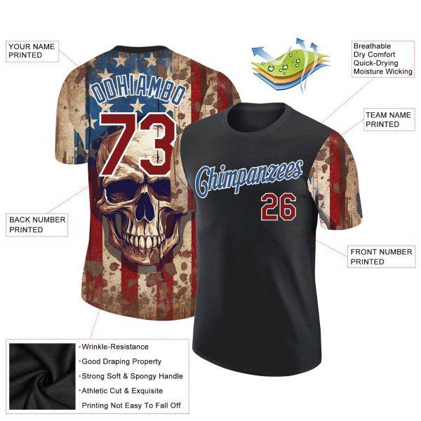 Custom Black Crimson-Blue 3D Skull With American Flag Performance T-Shirt - Image 2