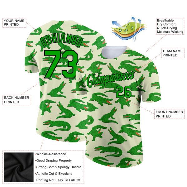 Custom Cream Aurora Green-Black 3D Pattern Design Crocodile Performance T-Shirt - Image 2