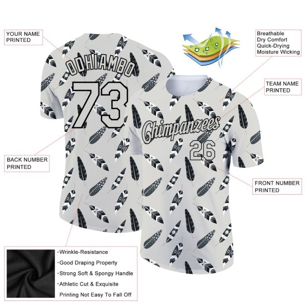 Custom Light Gray Black 3D Pattern Design Feather Performance T-Shirt - Image 2