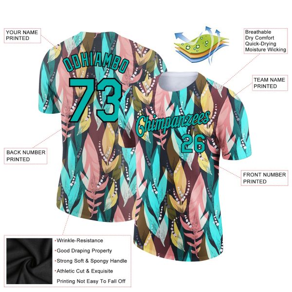 Custom Aqua Black 3D Pattern Design Tropical Palm Leaf Performance T-Shirt - Image 2