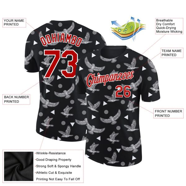 Custom Black Red-White 3D Pattern Design Eagle Performance T-Shirt - Image 2