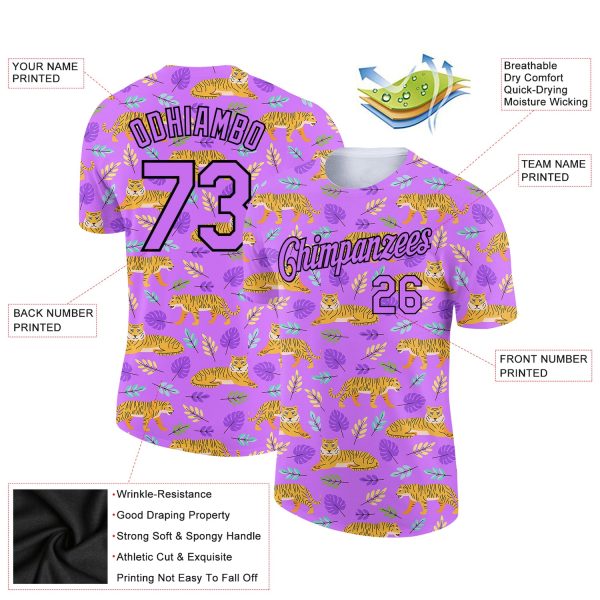 Custom Purple Black 3D Pattern Design Tiger Performance T-Shirt - Image 2