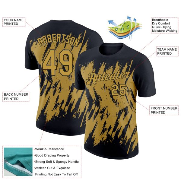 Custom Black Old Gold 3D Pattern Design Abstract Sharp Shape Performance T-Shirt - Image 2