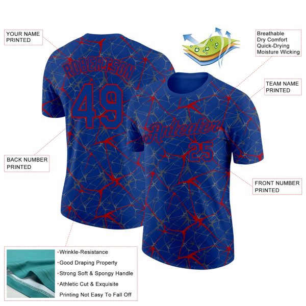 Custom Royal Red 3D Pattern Design Abstract Network Performance T-Shirt - Image 2